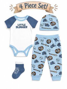 NWT Baby Essentials Baby Boy 4-Piece Little Slugger Outfit Set Size 9 Months